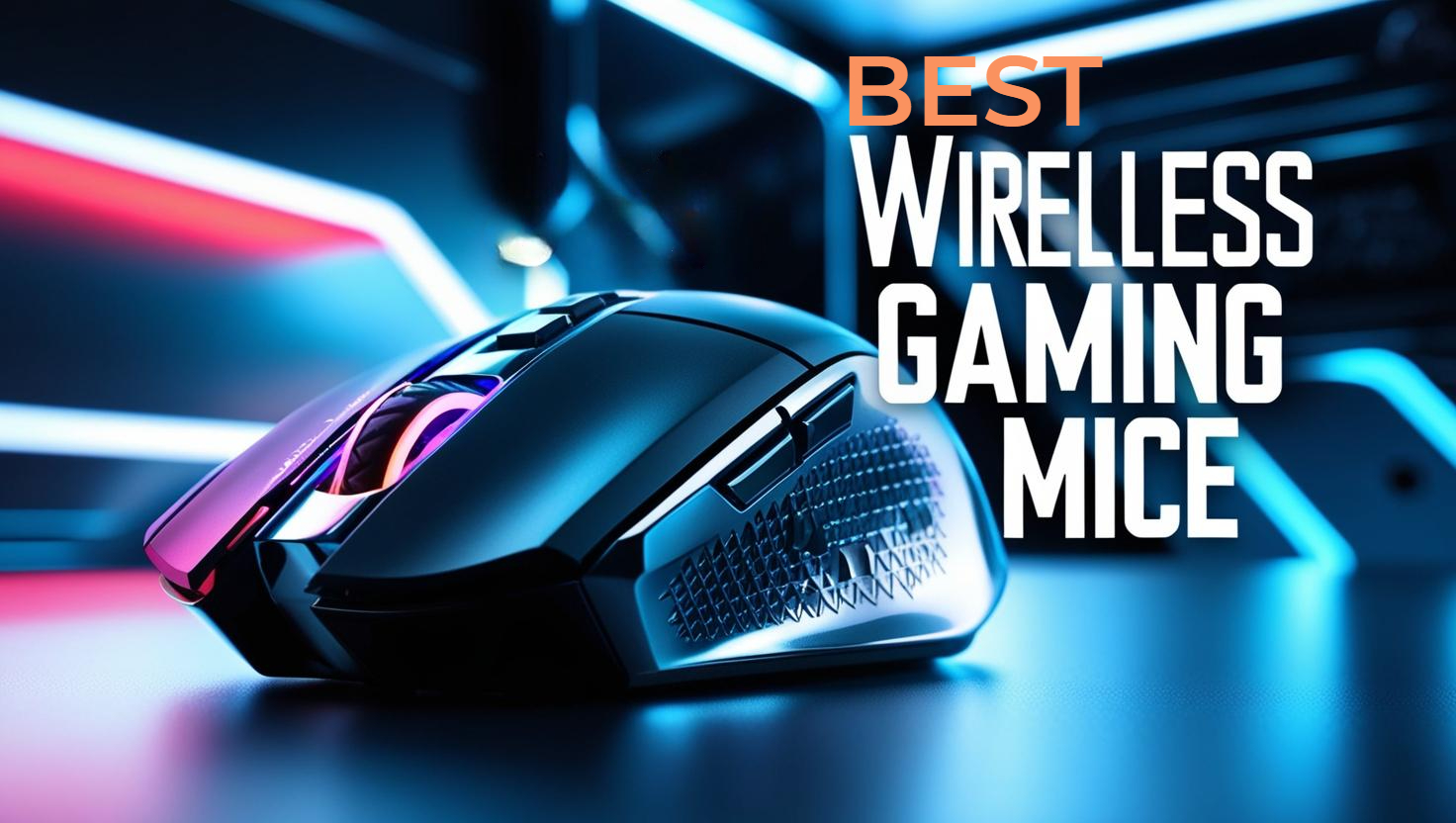 Modern wireless gaming mouse with vibrant lighting effects against a futuristic tech background, featuring bold text 'Top Wireless Gaming Mice 2025.'