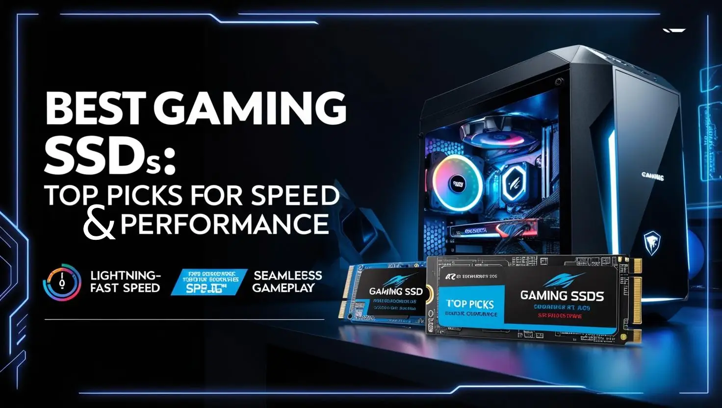 Modern featured image for 'best ssd for gaming in 2025' showcasing M.2 and 2.5-inch SSDs with glowing RGB lights, emphasizing lightning-fast speed and seamless gaming performance.