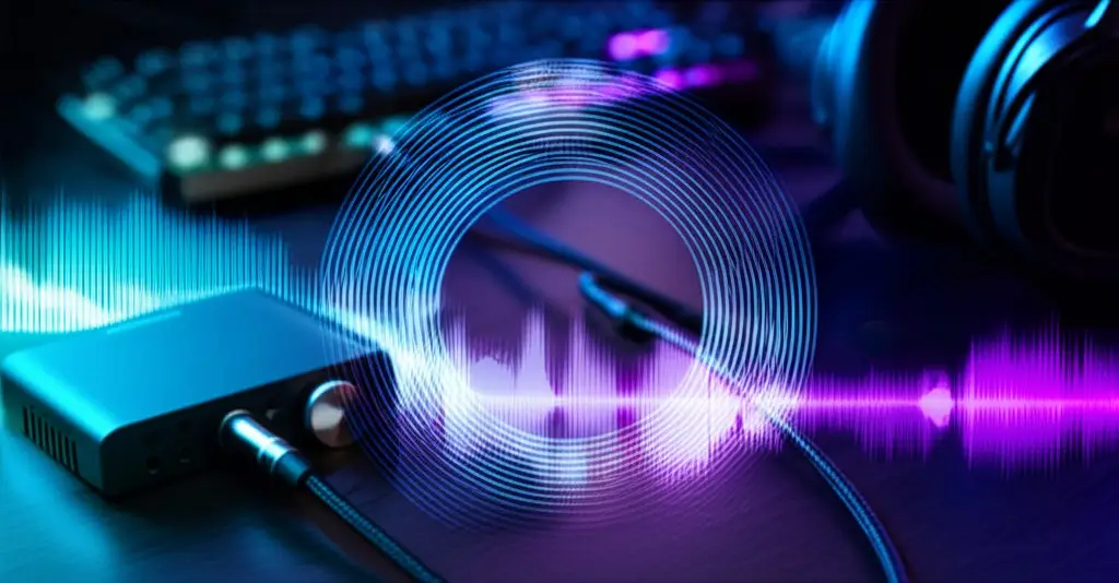 A sleek, matte black gaming DAC amp, like the Schiit Hel, sits on a modern desk. A pair of premium headphones is plugged into it, visually representing an upgrade for better gaming audio.