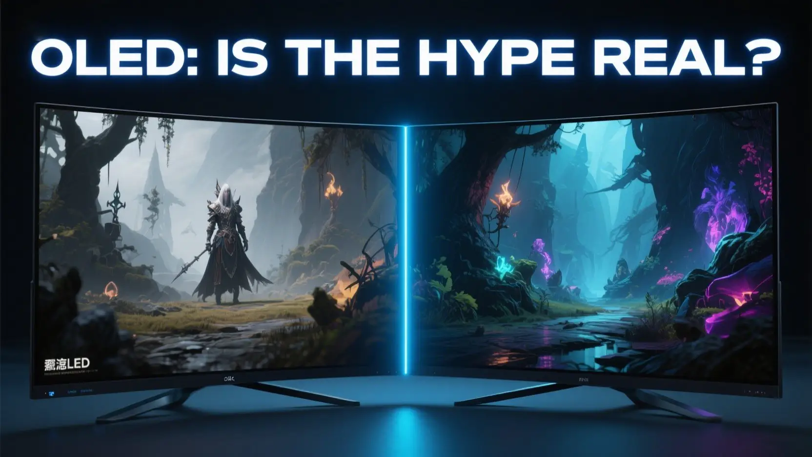 Split-screen comparison showing a fantasy game on a standard LED monitor with gray blacks on the left, and on a vibrant OLED monitor with true blacks on the right.