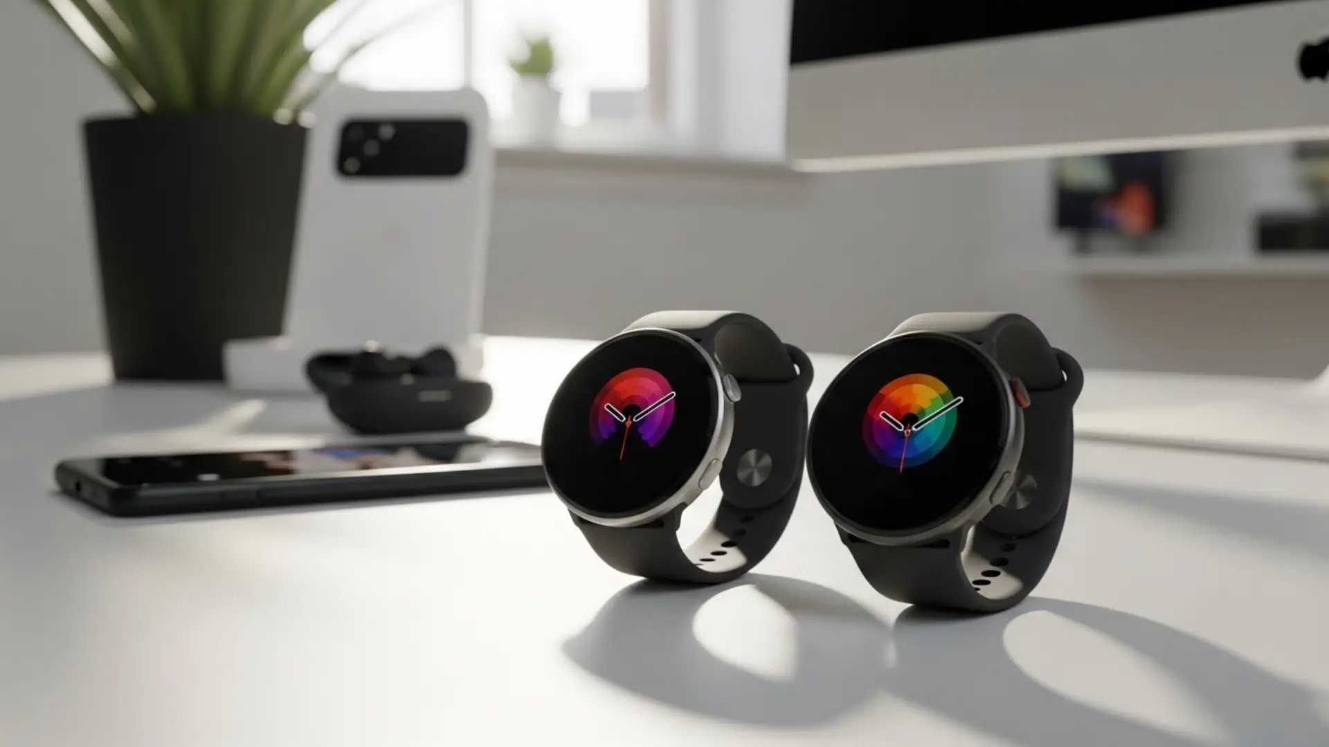 Pixel Watch 3 in 45mm and 41mm sizes displayed on a modern desk with Pixel phone