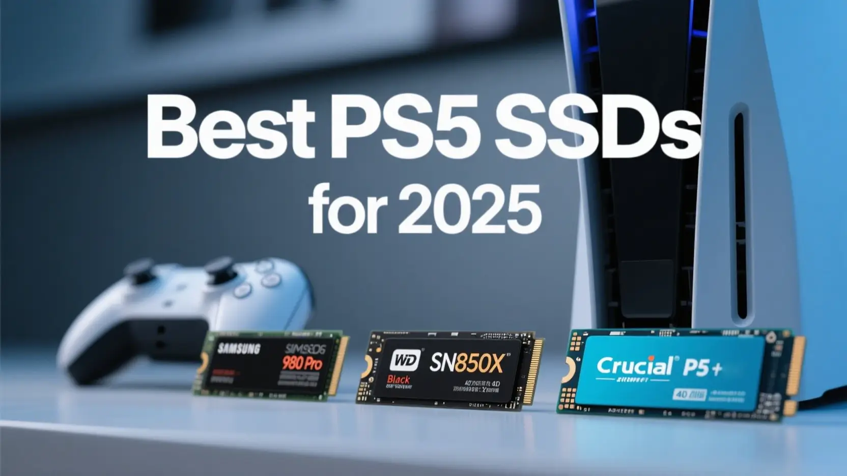Lineup of top NVMe SSDs compatible with PS5 in 2025 shown beside an open PlayStation 5 console, highlighting easy installation and storage upgrade options.