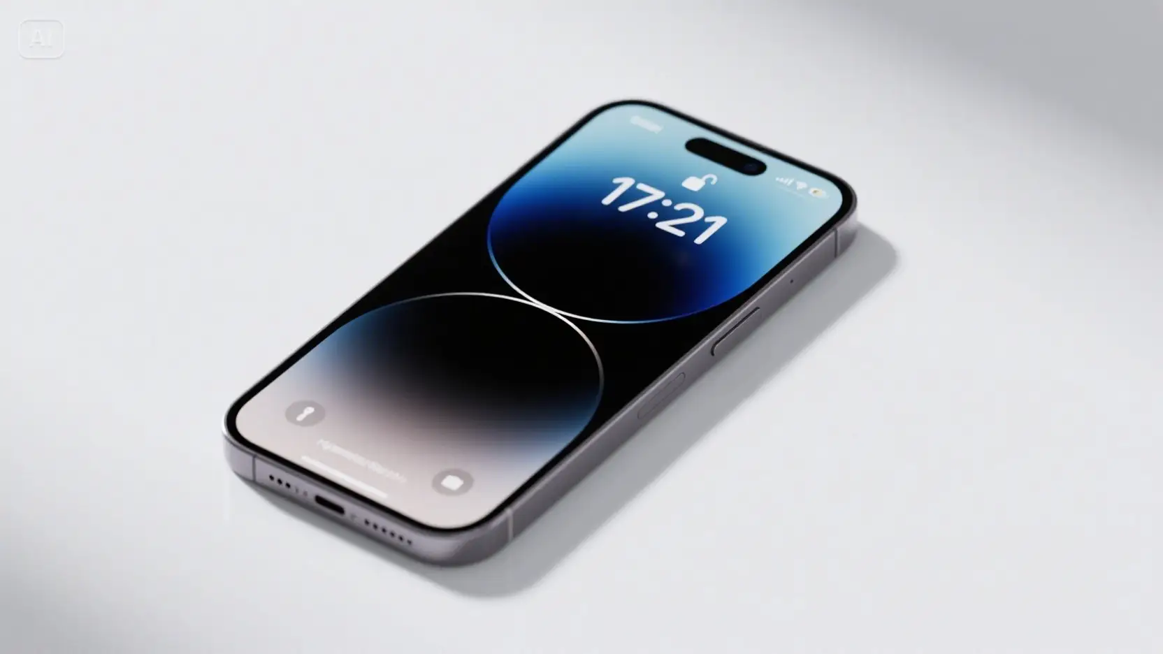 Front-only view of iPhone 17 Pro with iOS 18 lock screen showing minimal clock and dynamic island