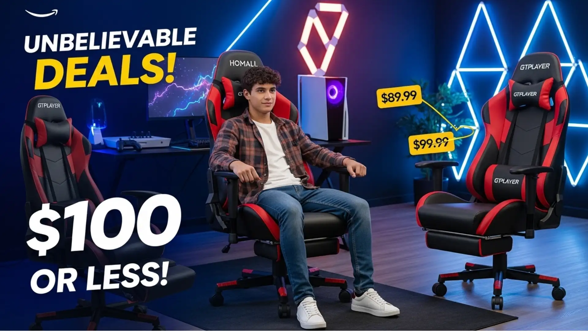Best gaming chairs under $100 in 2025 featuring Homall and GTPLAYER with ergonomic designs, footrests, and Amazon deals, with a gamer in a stylish red chair.
