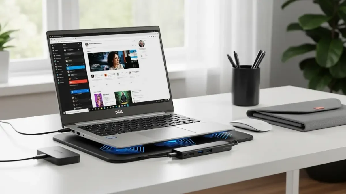 Is the Dell Vostro 15 3530 the Best Laptop Under $700 in 2025? 7 Dell Vostro 15 3530 with cooling pad, USB-C hub, and laptop sleeve on a desk