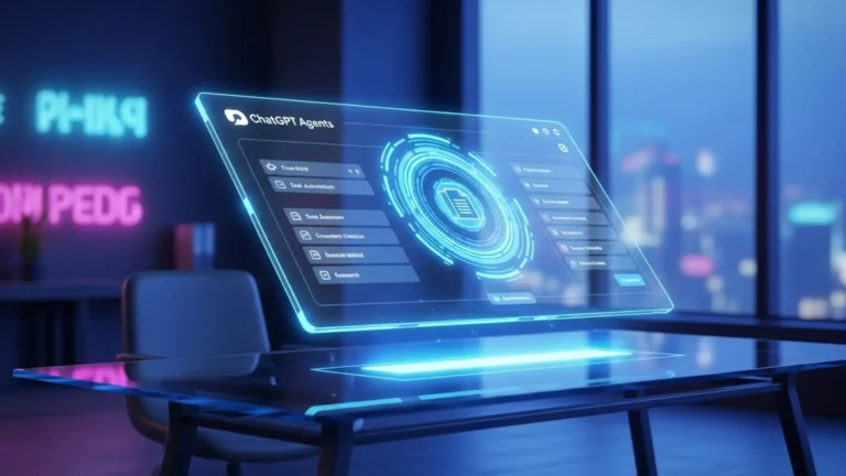 Digital screen displaying a ChatGPT Agents interface with glowing blue holographic elements