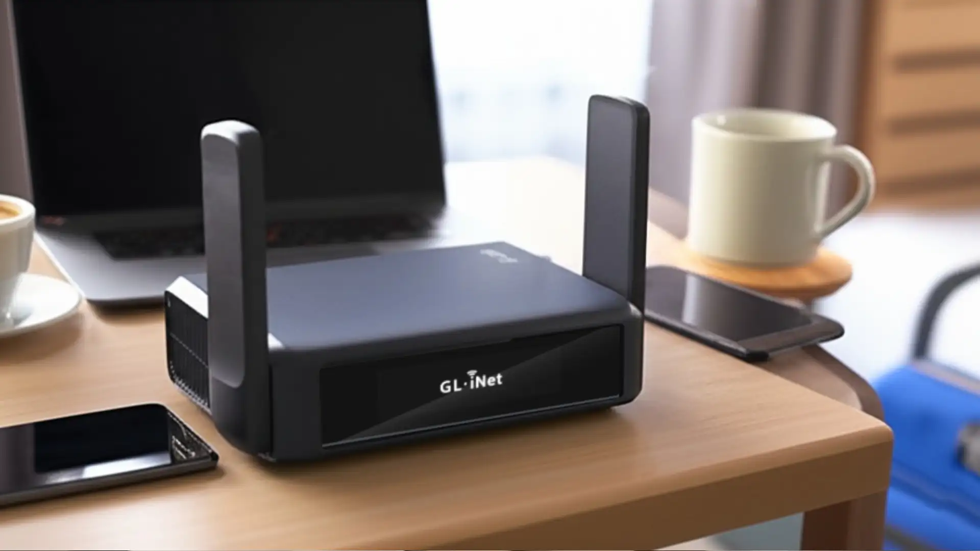 GL.iNet Slate 7 GL-BE3600 Review: Best portable Wi-Fi 7 travel router on a hotel desk with a laptop and smartphone