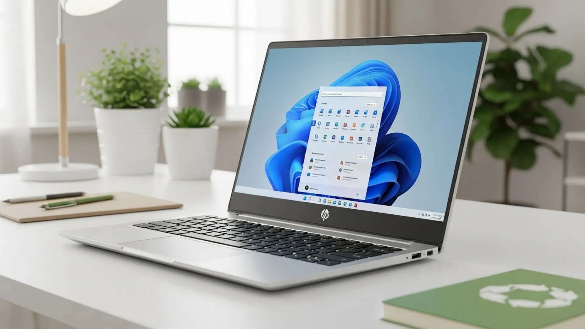 HP 15-fc0099nr Review, a hd touchscreen laptop in Natural Silver on a desk, displaying Windows 11 S Mode