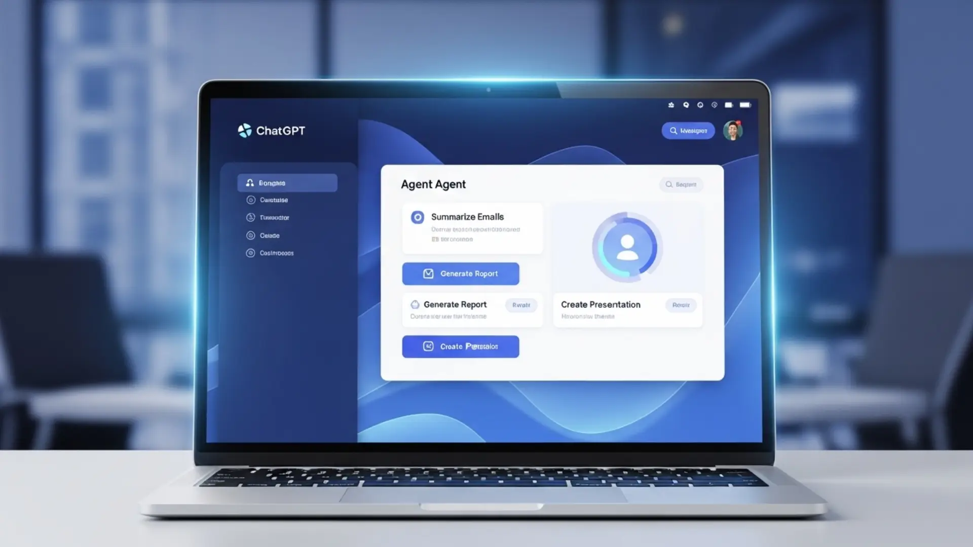 Use ChatGPT agents interface on a laptop screen, displaying task automation options like email summarization and report generation.