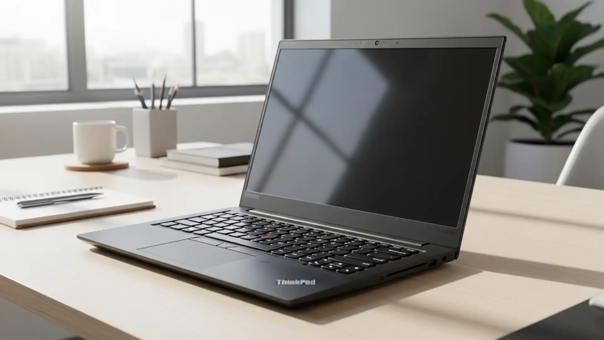 Lenovo ThinkPad E16 Gen 2 Review, a laptop in black, angled view on a modern desk
