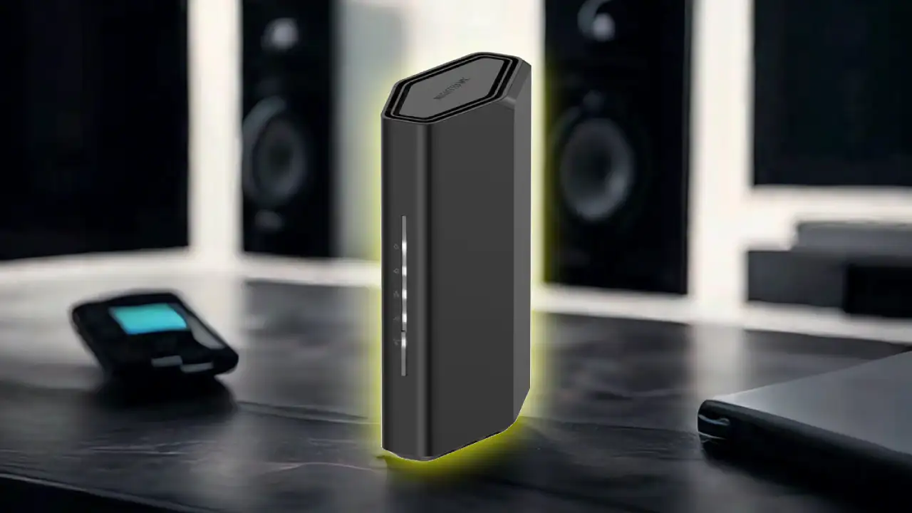 Black NETGEAR Nighthawk RS90 Dual-Band WiFi 7 Router on a clean white background