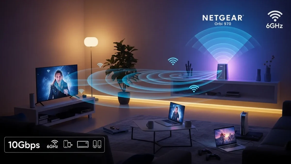 NETGEAR Orbi 970 Review: Is This the Ultimate WiFi 7 Mesh System? 1 NETGEAR Orbi 970 Review - WiFi 7 mesh router in a futuristic smart home setup with glowing signal beams