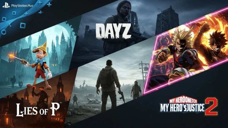 Collage of Lies of P, DayZ, and My Hero One’s Justice 2 for PlayStation Plus August 2025