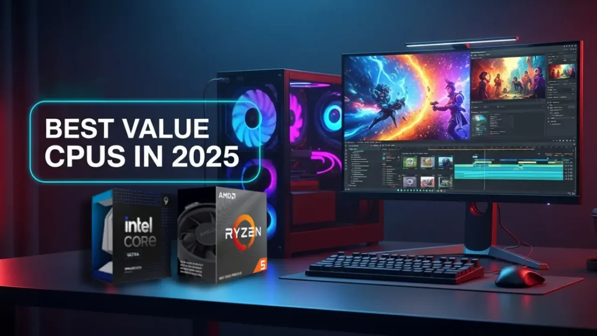 Realistic Intel and AMD CPU boxes with a high-end gaming and content creation PC setup for Best Value CPUs 2025 article.