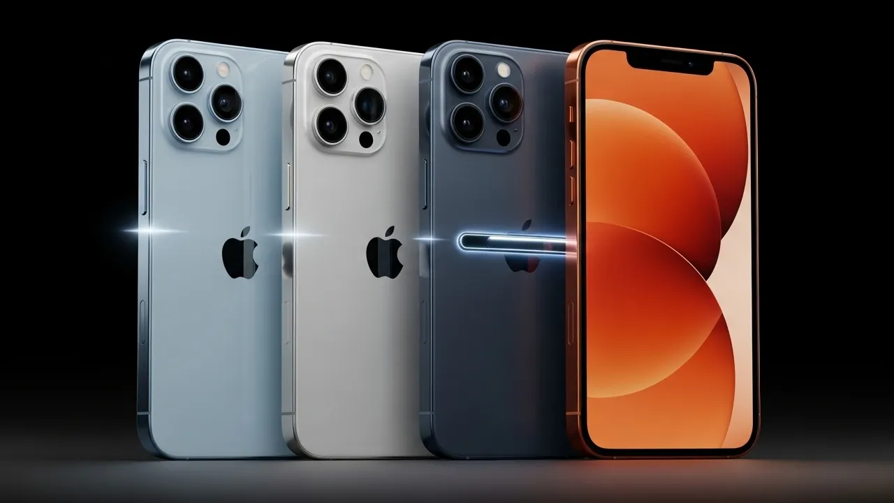 Four iPhone 17 models in 2025 lineup including standard, Air, Pro, and Pro Max in various colors with slim designs