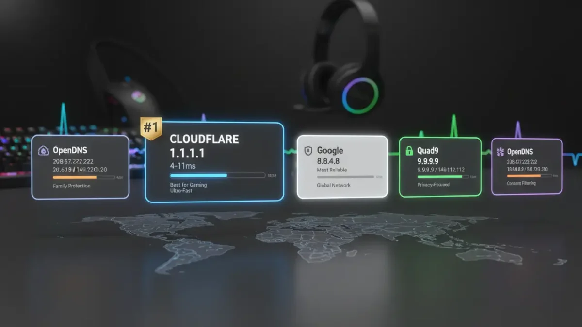 Comparison of the fastest and most reliable public DNS servers in 2025: Cloudflare 1.1.1.1 ranked #1 for gaming and speed, followed by Google, Quad9, and OpenDNS