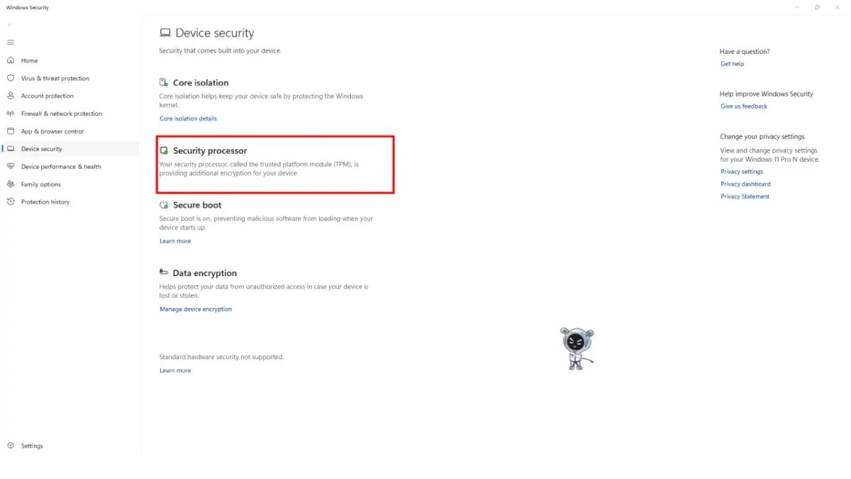 TMP 2.0 status using Windows Security